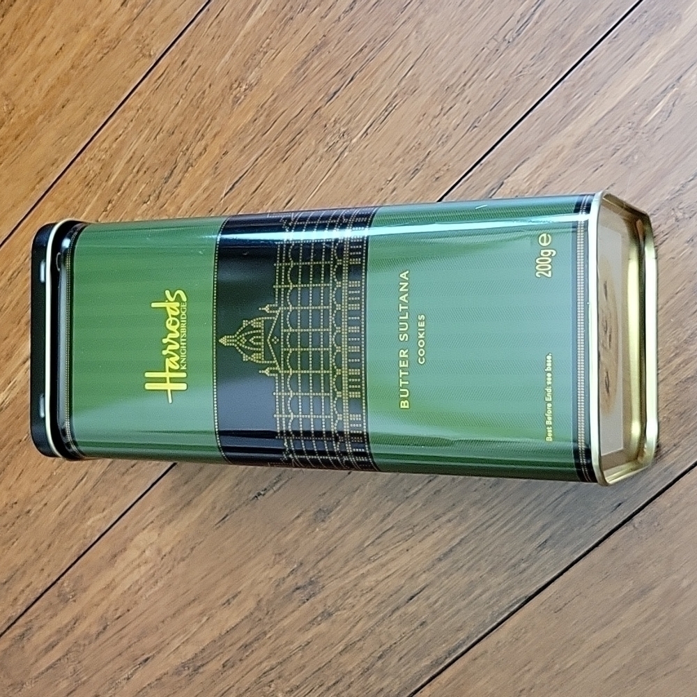 Harrods Knightbridge Butter Sultana Collectible Cookie Tin, Dark Green/Black